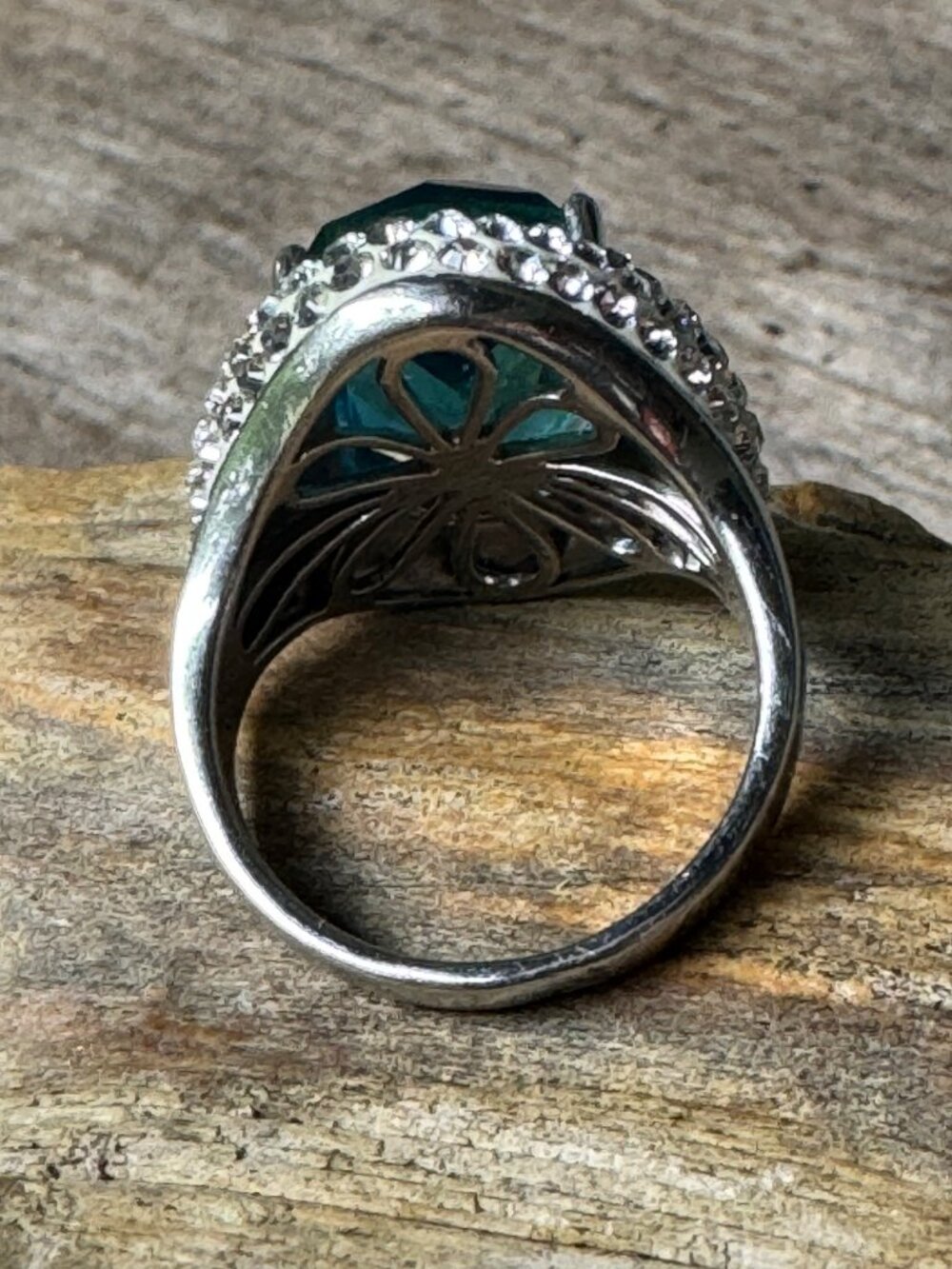 Sterling Silver Teal Blue Glass CZ Halo Statement Ring Women Size 9 10.88g - Picture 5 of 7